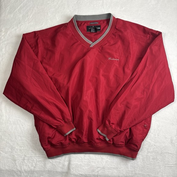 VTG Budweiser Red Pullover Long Sleeve Windbreaker Jacket V-Neck Men's XL - Picture 1 of 7